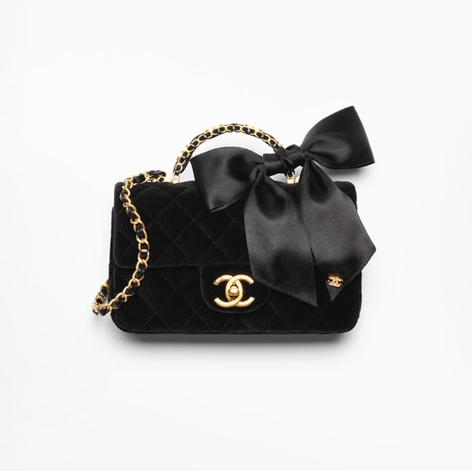 chanel mini velvet satin bow cc top handle flap bag